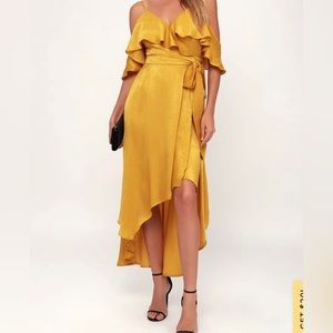NWT Lulus Layla Mustard Yellow Stain Cold Shoulder Wrap Dress